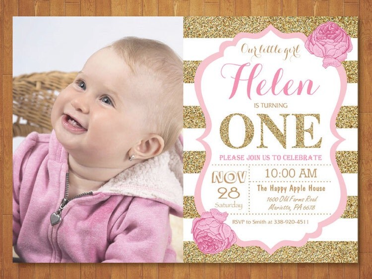 Pink and Gold First Birthday Invitation. by happyappleprinting