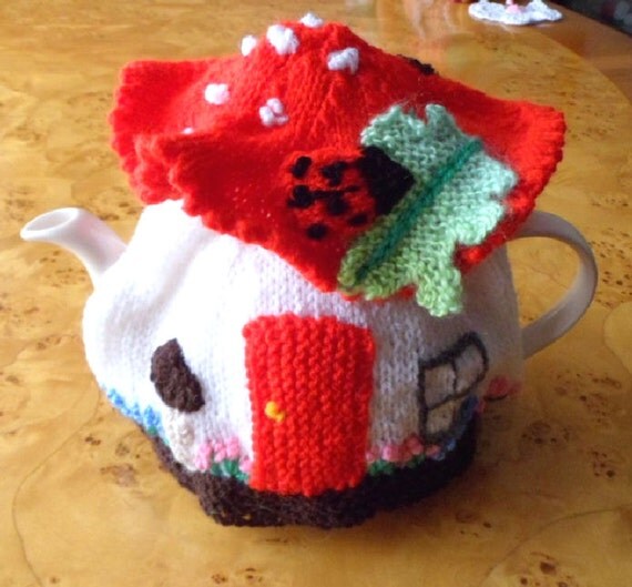 TEA POT COSY. Knitted tea pot cover.Fairy Toadstool House.