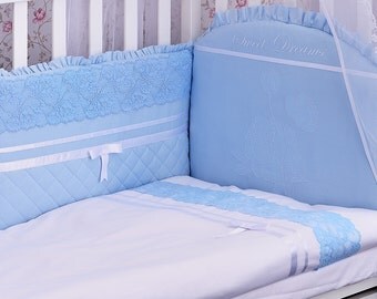 Beautiful Baby Bedding Set "Sweet Dream" (Crib Bumper, 3 pcs, 4 pcs) - Light Blue/White - Premium Сollection 308/15