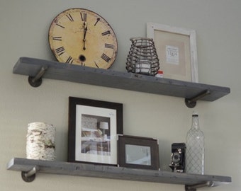 Industrial Graywash Floating Shelf with pipe brackets. Rustic wall shelves, Wood shelf, Kitchen Farmhouse and Bathroom shelve