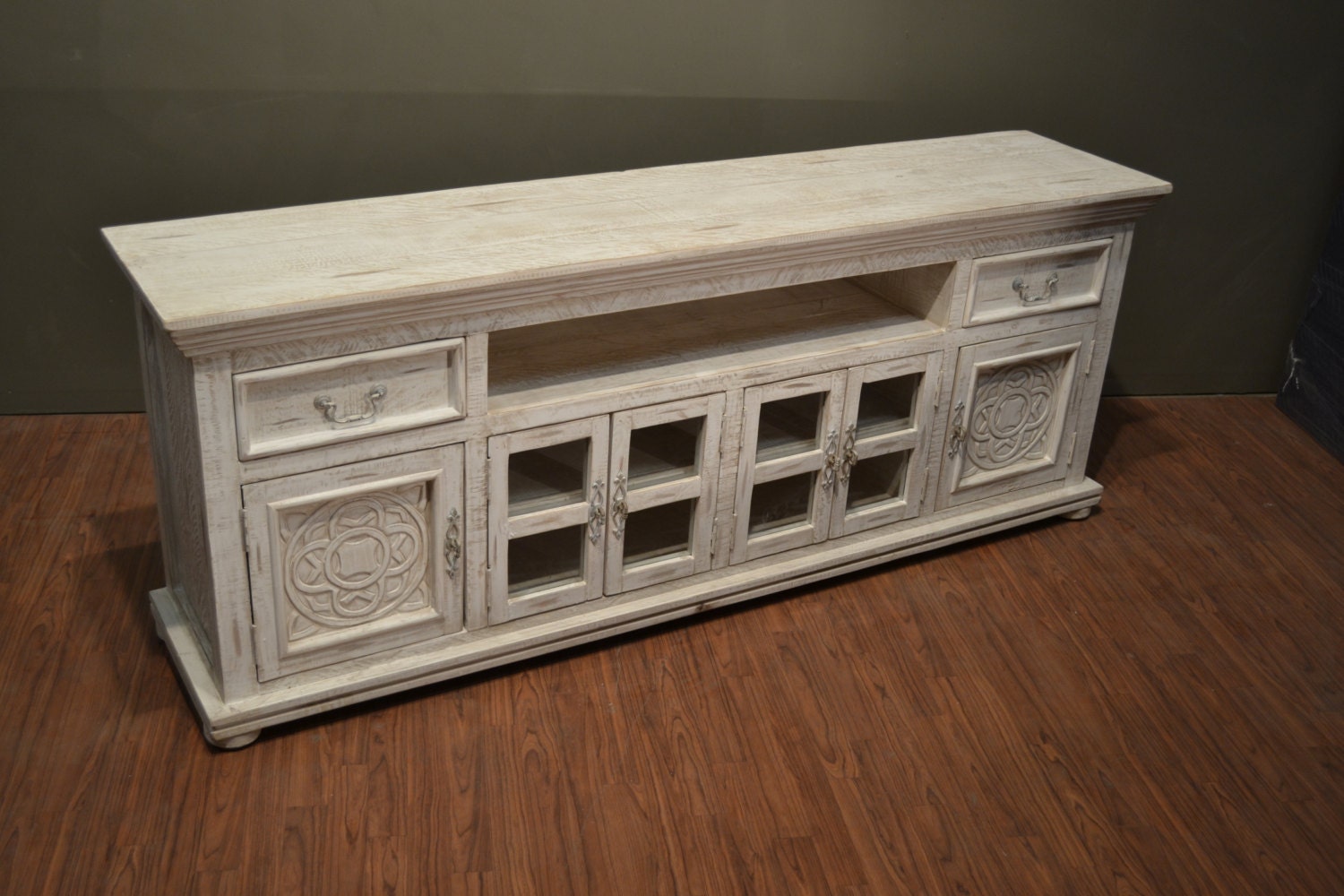 Rustic Solid Wood Carved 82 inch White TV Stand / Media