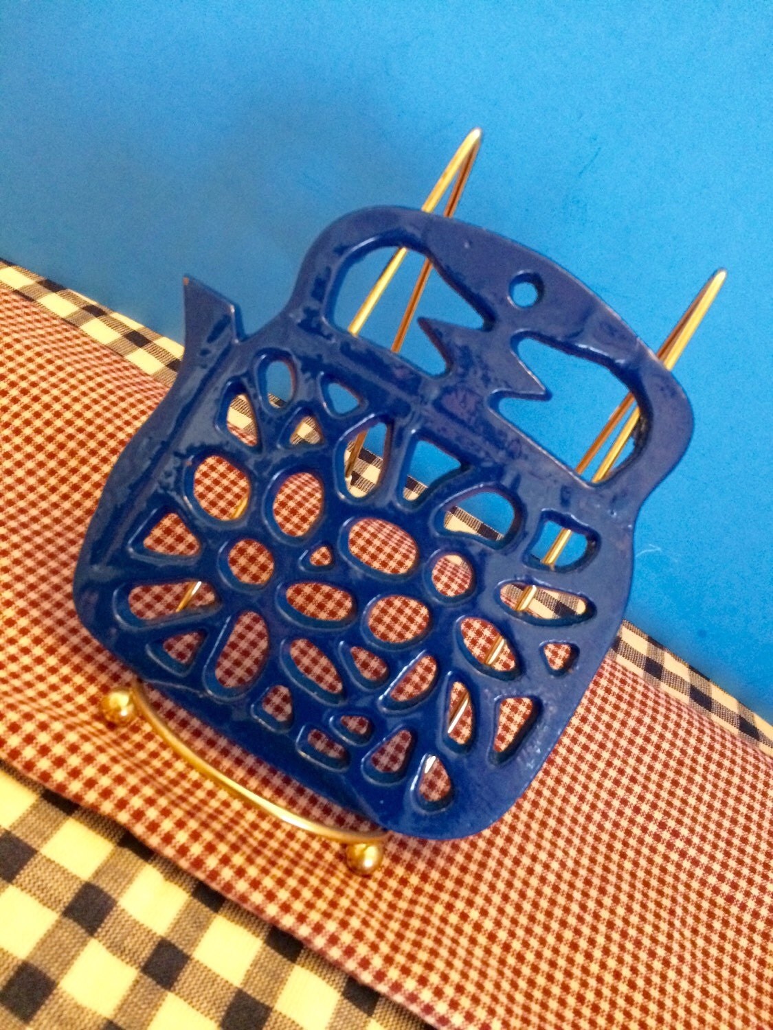 Vintage Cast Iron and Blue Enamel Tea Pot Trivet 1970's