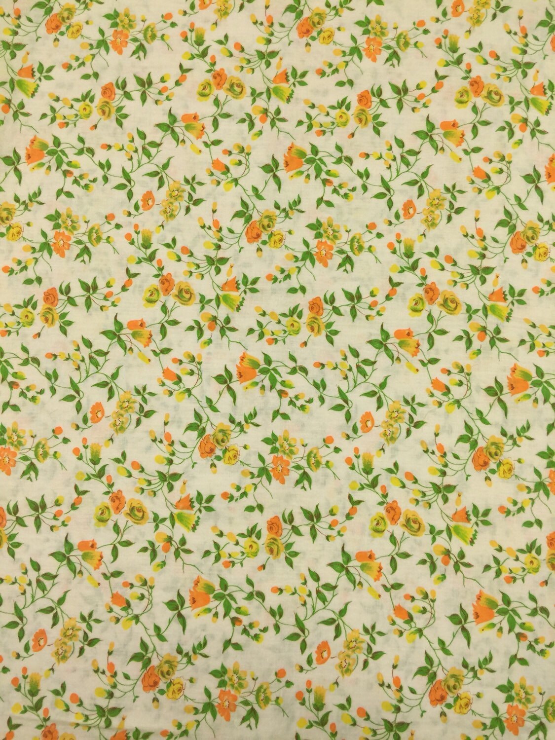 Vintage Calico Floral Fabric. White fabric with orange and