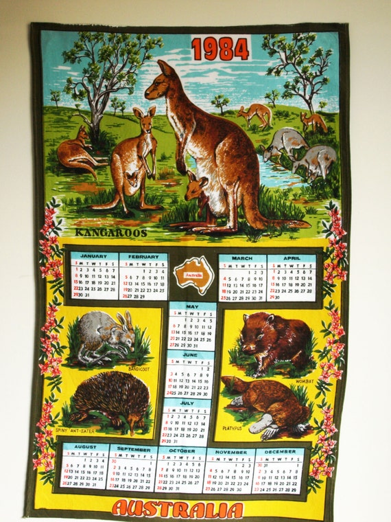 Retro Vintage Australia Calendar 1984 Kangaroo Wombat Echidna