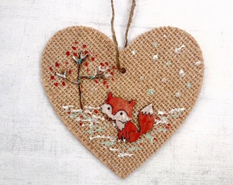 Christmas decoration woodland fox, christmas tree Decoration, wooden hanging heart, Home decor, wood winter scene, handmade rustic heart.