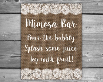 Burlap and Lace Bridal Shower Mimosa Bar Sign - Printable - DIY - Instant Download - Printable Rustic Bridal Shower Table Sign - L06