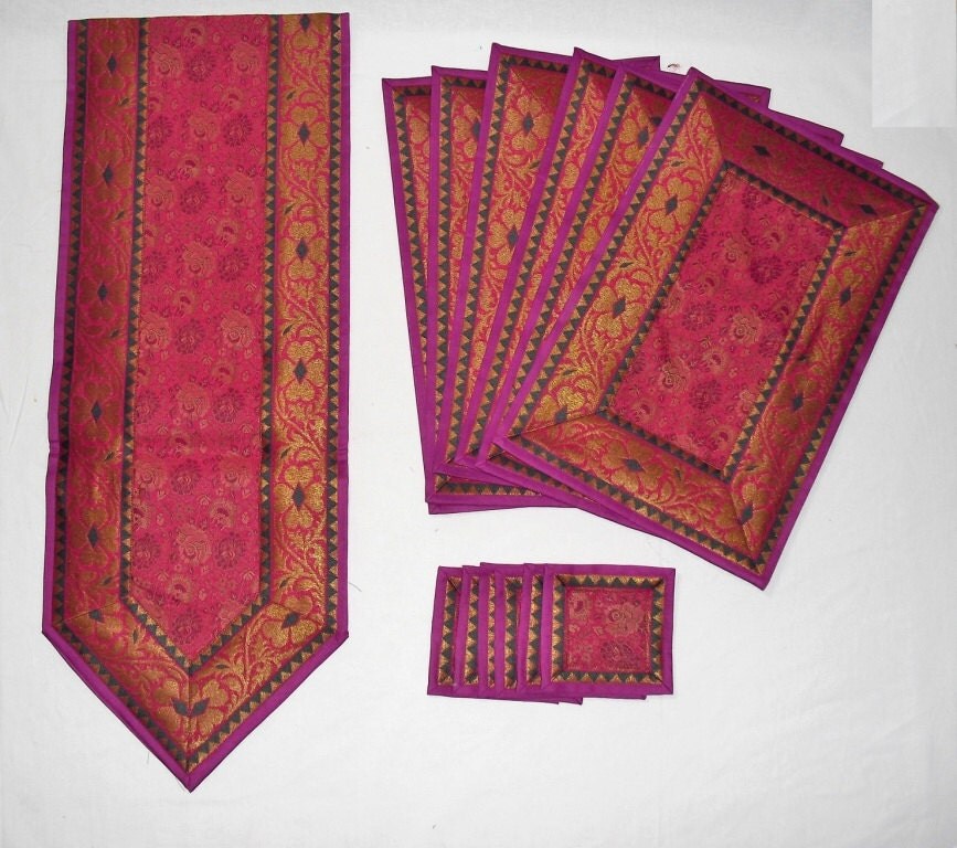 Purple Color Indian Silk Table Runner with Placemat 6 and
