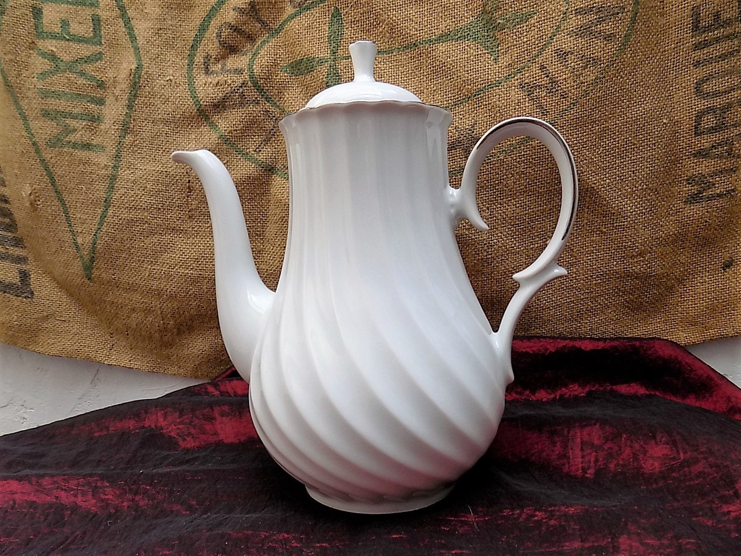 Vintage Bavarian White Porcelain Coffee Pot with Silver Trim