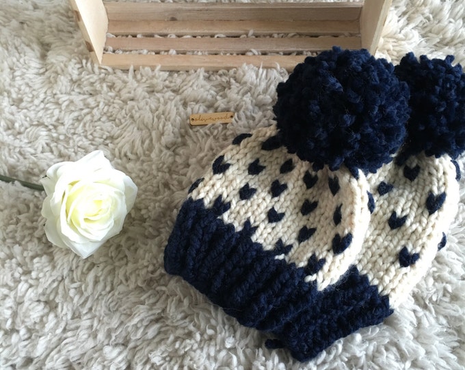 Mama and Me matching Knit Slouchy Beanie Hat With Large Pom Pom//THE TRAVELER SET//Fisherman and Navy