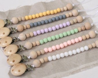 Silicone Pacifier Clip, Silicone and Wood Beads, Teething, Universal