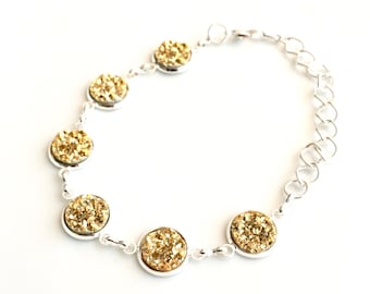 Gold Druzy stones - Silver plated chain bracelet - 12 mm faux druzy Gift idea Canada