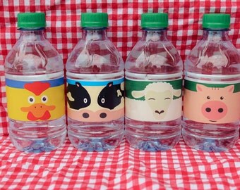 Farm Animal Water Bottle Wrap Labels sized 8.75" x 1.75" for Preschool / Toddler Barnyard Farm 1st Birthday Bash or Party