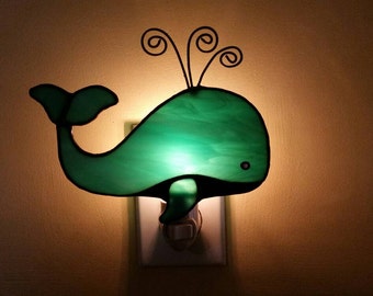 Cute,friendly turquoise whale stained glass nightlight, choose black or white belly! Beach, ocean, sealife decor, Custom Colors Available