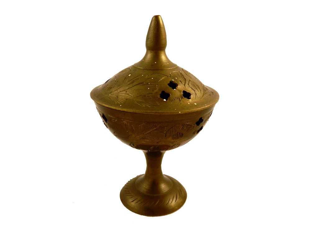 Indian Solid Etched Brass Incense Burner Vintage Small Brass