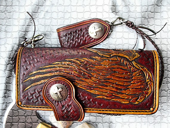 Tooled biker wallet Wings Shield Cross Belt Loop Braided