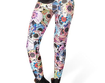 Digital Printed Sugar Skull Leggings, Festival Wear, Hippie Clothes, Meditation, Gypsy, Yoga pants, Boho Leggings, colorful Leggings