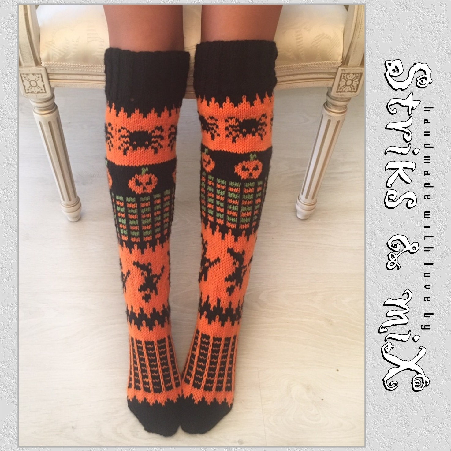 Halloween socks Pattern Pumpkin Spider Witch socks Orange