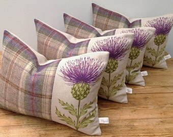 Scottish Thistle Cushion, Handmade, Voyage Blair Linen/Cotton Blend in Damson, Pure Highland Wool, Tartan, Plaid, British Countryside