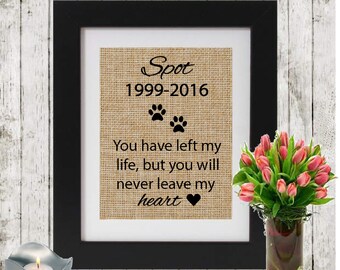 Personalized Dog Memorial Burlap Print - Loss Of A Pet - Pet Death - YOU Have left my life- Wall Memorial - Cat Memorial Personalized w/name