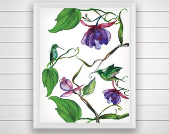 SALE 50% Bird Wall Art, Printable Wall Art, Floral Wall Art, Flower, Instant Download, Printable Women Gift, Home Decor, Green Bird decor