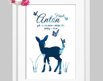 DIN A4 birthdates mural 'FAWN' blue personalized print, print