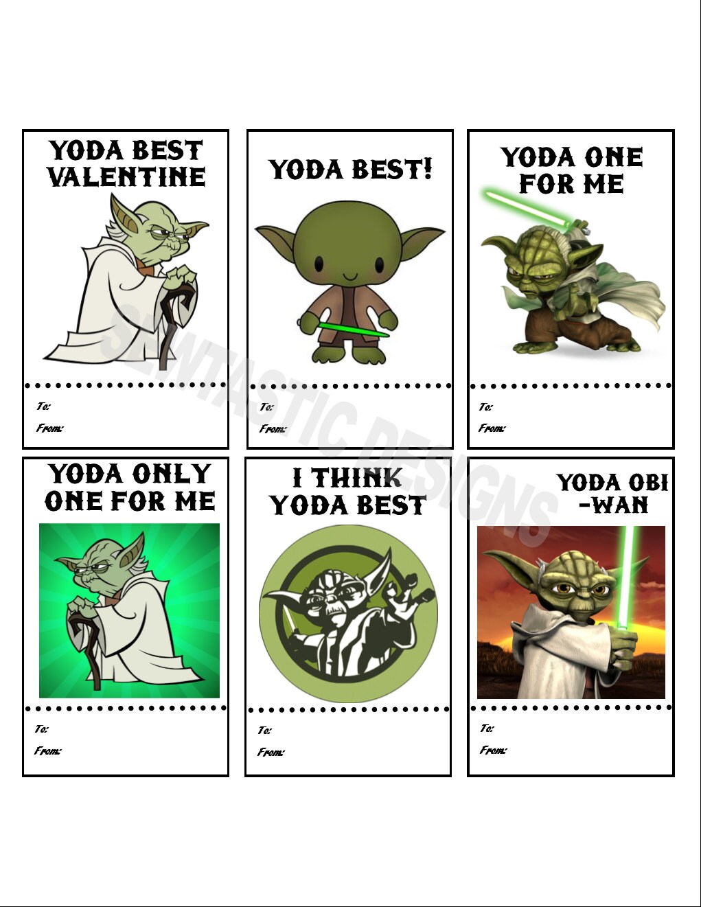 YODA Printable Valentine Cards 6 Designs Digital Files