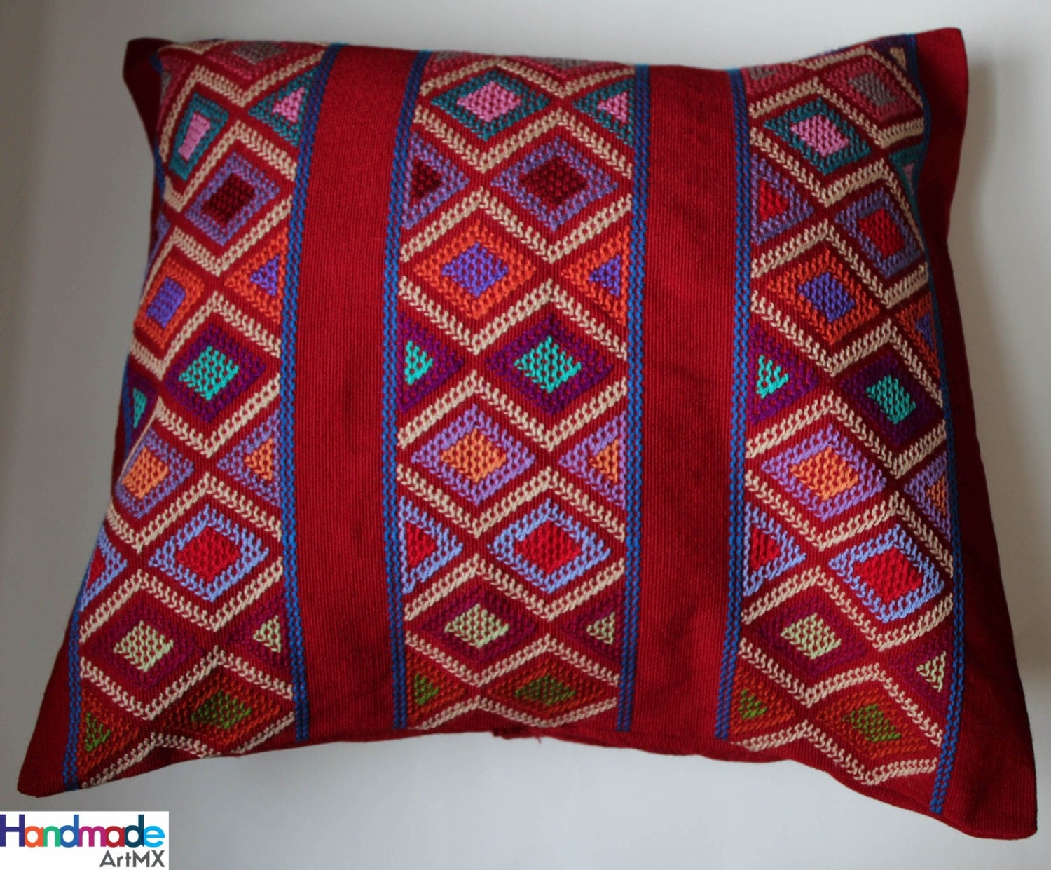 Hand Embroidered Red Cushion / Pillow Cover / Mexican Textile