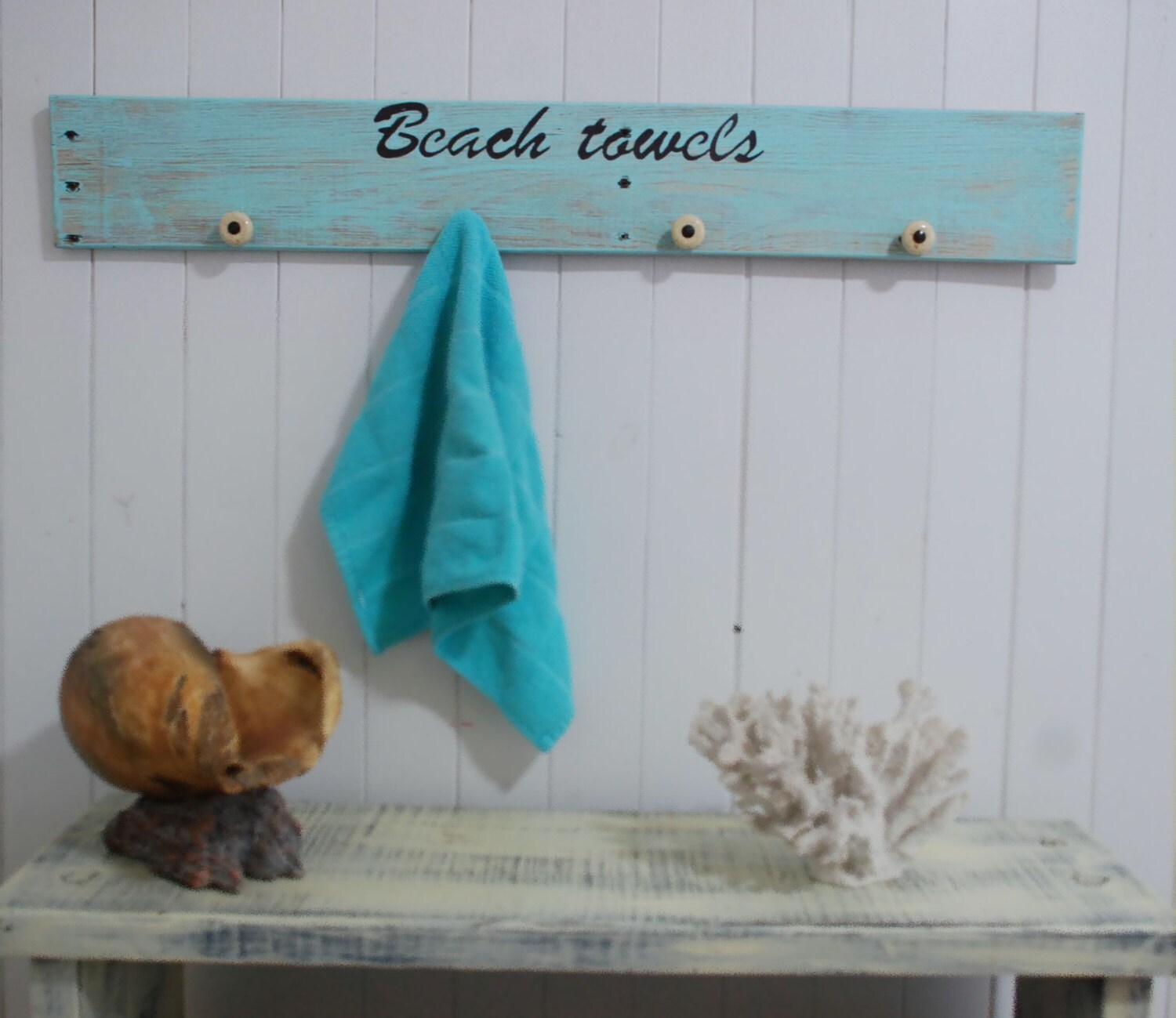 Beach Towels Towel Rack with Vintage Knobs Nautical by LoveOfBeach