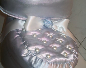 Basket for sugared almonds, dragees for birth and baptism boy basket shaped liner padded blue satin