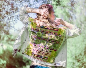 Rediscovered UPCYCLED acid wash embellished denim jacket, festival clothing, customised denim, vintage denim, denim jacket