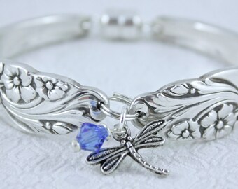 Spoon Bracelet. Vintage Spoon Bracelet with Dragonfly Charm and Blue Swarovski Crystal. "Evening Star" Circa 1950