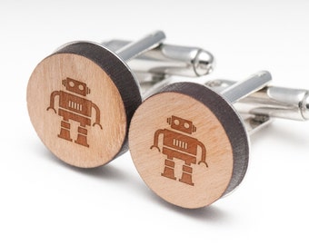 Robot Wood Cufflinks Gift For Him, Wedding Gifts, Groomsman Gifts, and Personalized