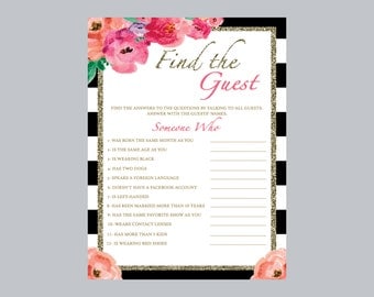 find the guest bridal shower game, black and white bridal shower game, find the guest game, flower bridal shower game, bridal games