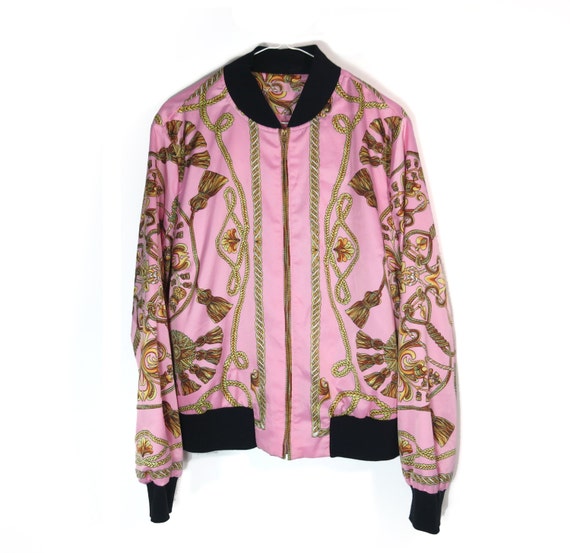 Satin Bomber Pink Gold Baroque Tassle Ornate Print Jacket