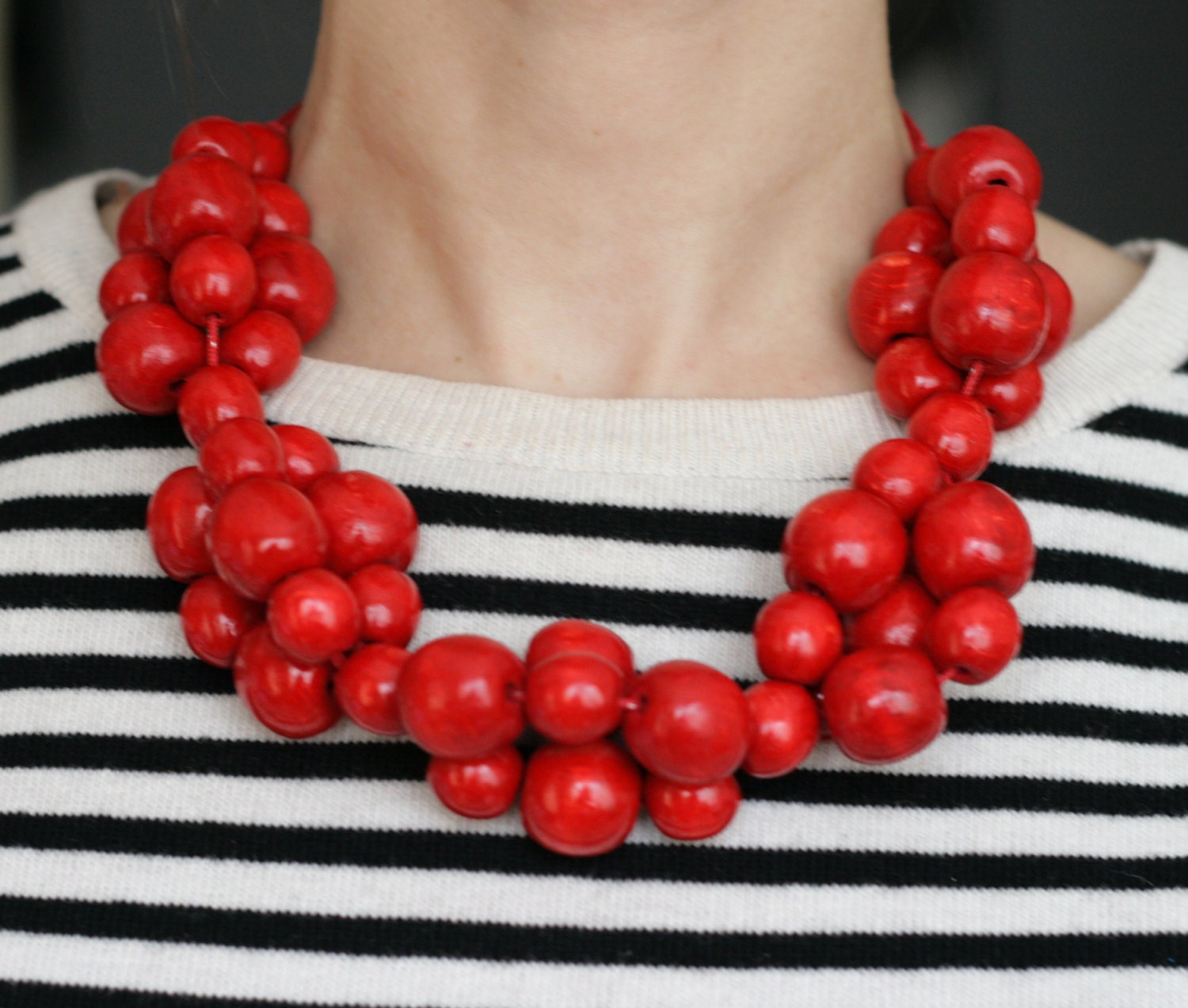 Red Bead Necklace Bright red Wooden Beads statement necklace