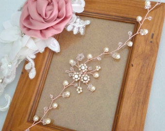 Rose Gold Bridal Headpiece, Rose Gold Wedding Hair Vine, Crystal and Pearl Wedding Hair Piece, Pearl Hair Vine, Rose Gold Hair Vine - ROSA
