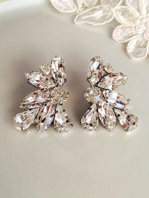 Wedding Vintage Style crystal Earrings Bridal Clip On