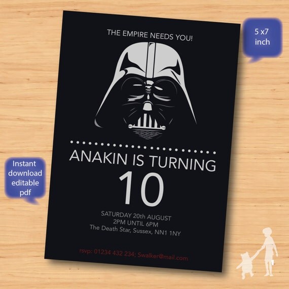 Darth vader invite SELF EDITABLE PDF 5 x 7 by MyFirstInvitation