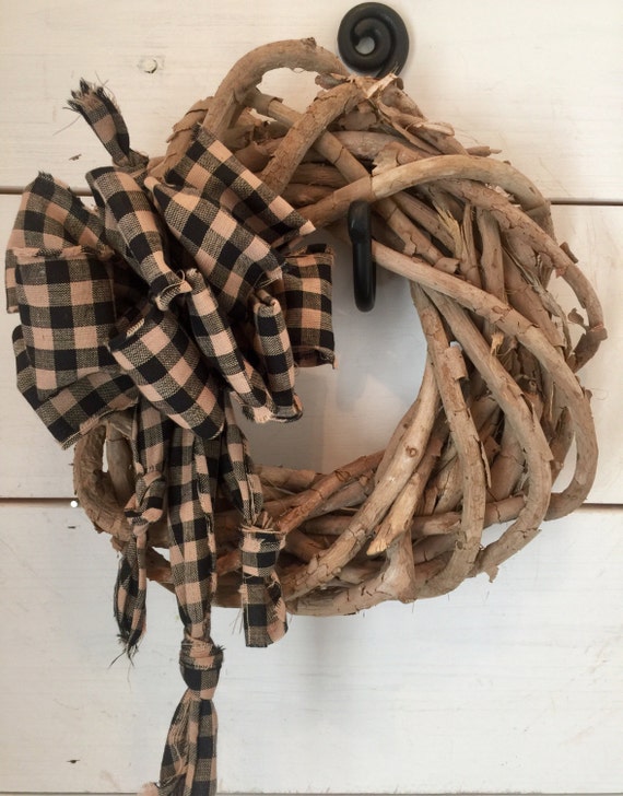 Thick grapevine wreath primitive wreath homespun bow rustic