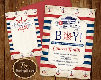 Nautical Baby Shower Invitation - Printable Ahoy its a Boy Invitation - Nautical Baby Shower Invite Card - 5x7 or 4x6 - Free Thank you Card