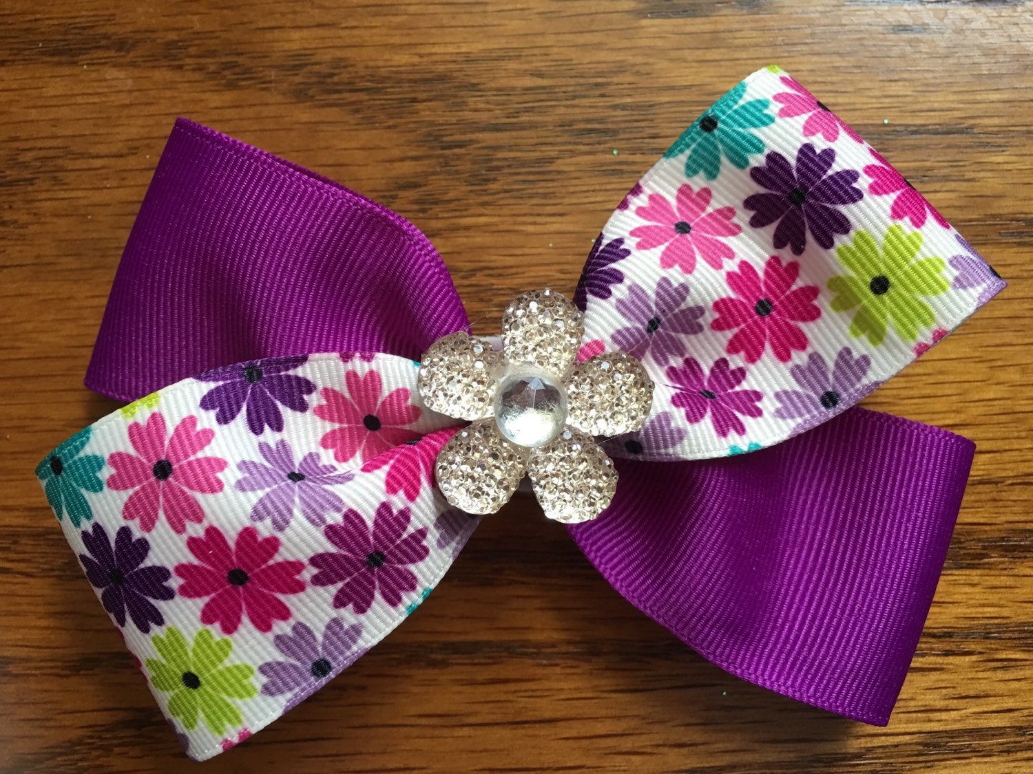 4 inch purple and flower hair bow by LittleMomsBoutique on Etsy