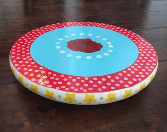 12x1 inch lazy Susan, red poppies, blue, polka dots, yellow, floral, hand-painted, decoupage, teal, aqua, spinning tray, rotating tray