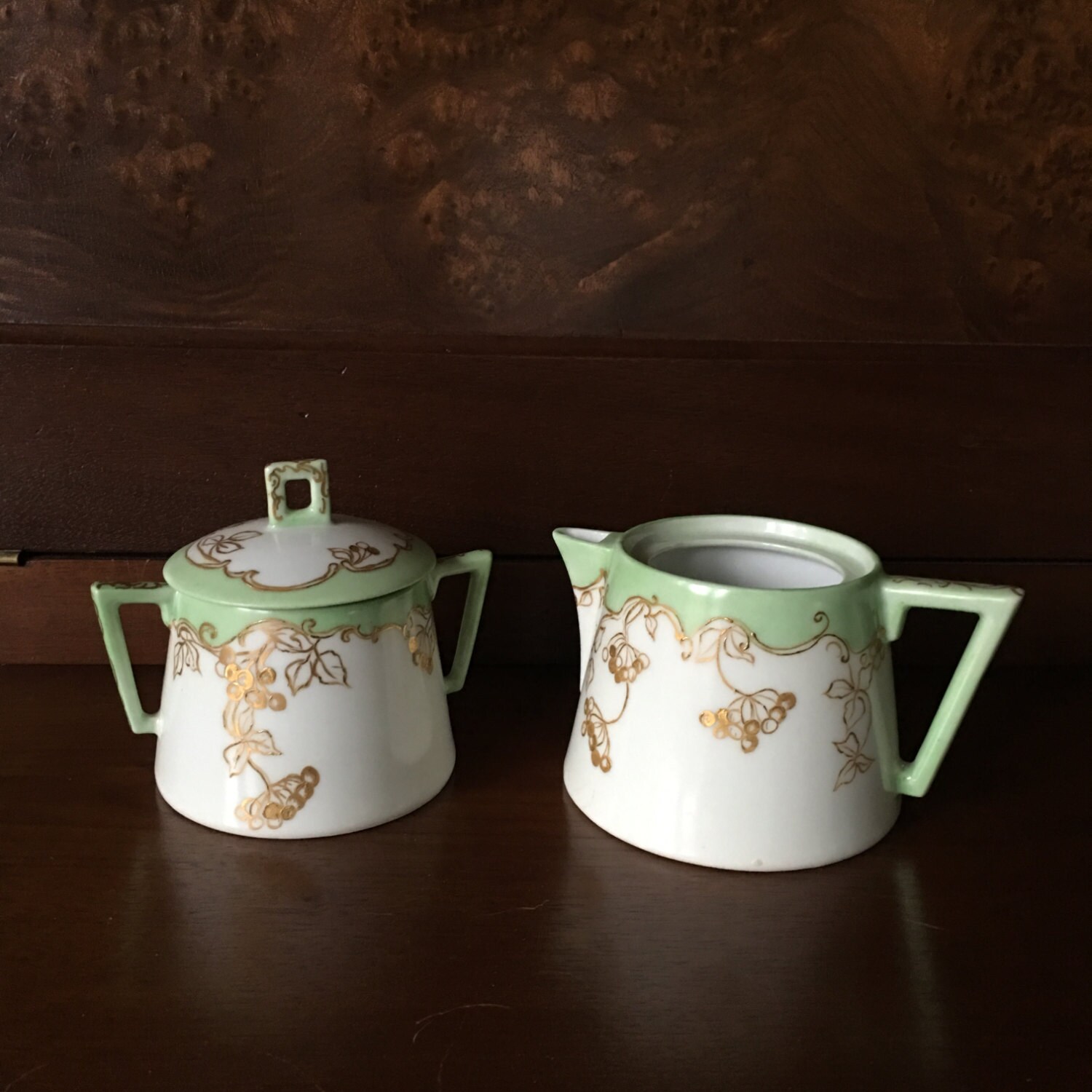 Antique Bavarian China PM Cream and Sugar Tea Set Jaeger and