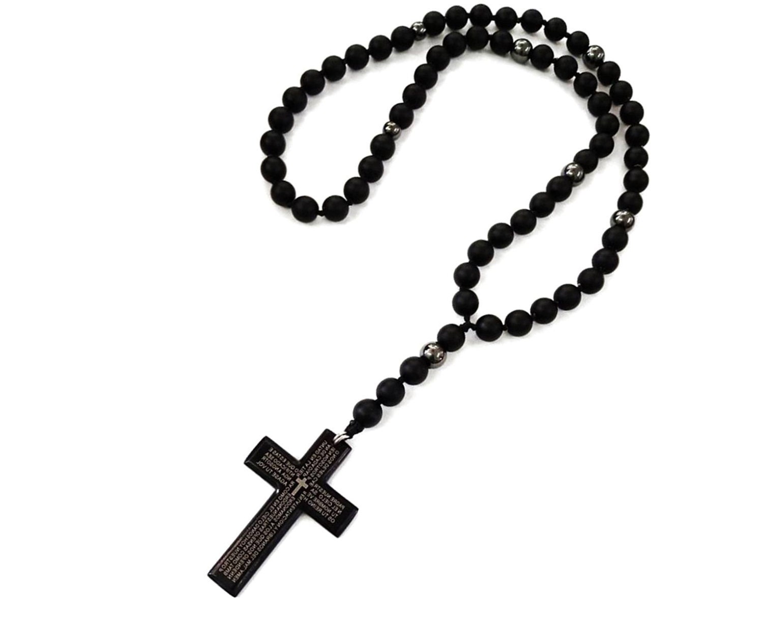 Men&rsquo;s Black Onyx Necklace Rosary Bead Necklace Cross