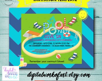 Pool Party Invitation Instant Download Swimming Pool Party Invitation, Birthday, Editable PDF file, DWOA-INVPOOL202-1 editable template