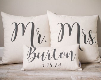 Mr and Mrs Pillow Sets, 3 Wedding Pillows Set Custom Monogrammed Pillow Sets, Pillows with Mr and Mrs Last Name & Established Date