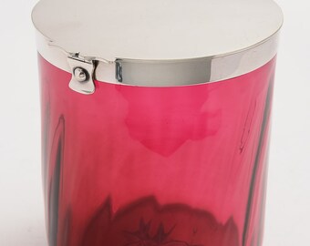 Silver plated and Cranberry Biscuit Box/Cookie Jar. (ID 47066)