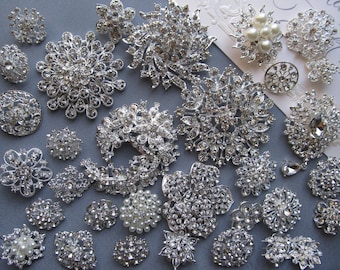 32 PCs Rhinestone Brooch Lot Mixed Wholesale Silver Pin Pearl Crystal Wedding Brooch Bouquet Brooch Bridal Button Embellishment Cake DIY Kit