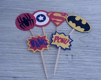 12 Super Hero Cupcake Toppers - superhero batman captain america spiderman superman comic phrases birthday party decorations
