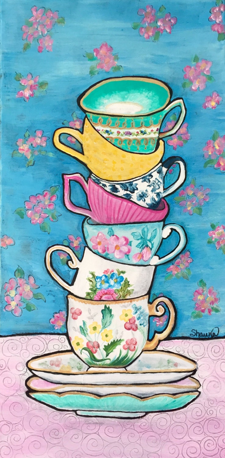 Tea Cups original acrylic painting home by ShaunaLeaBaggsStudio